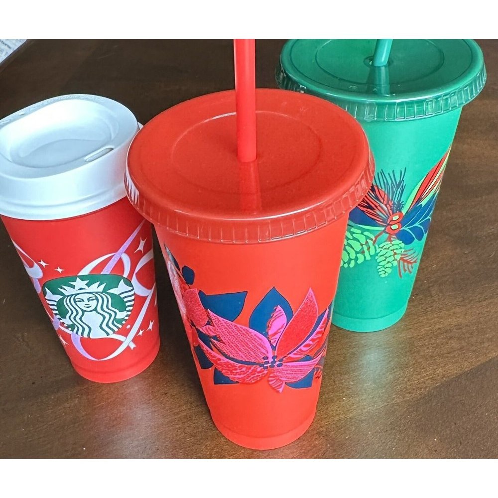 Starbucks Coffee 2020 Christmas tumbler cup 24‎ oz plastic green red. Set of 3